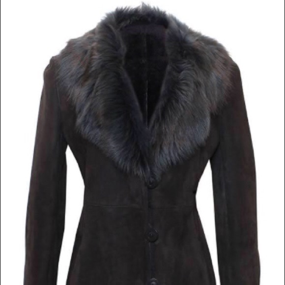 Blue duck shearling coat with fur trim suede jacket - Picture 3 of 7